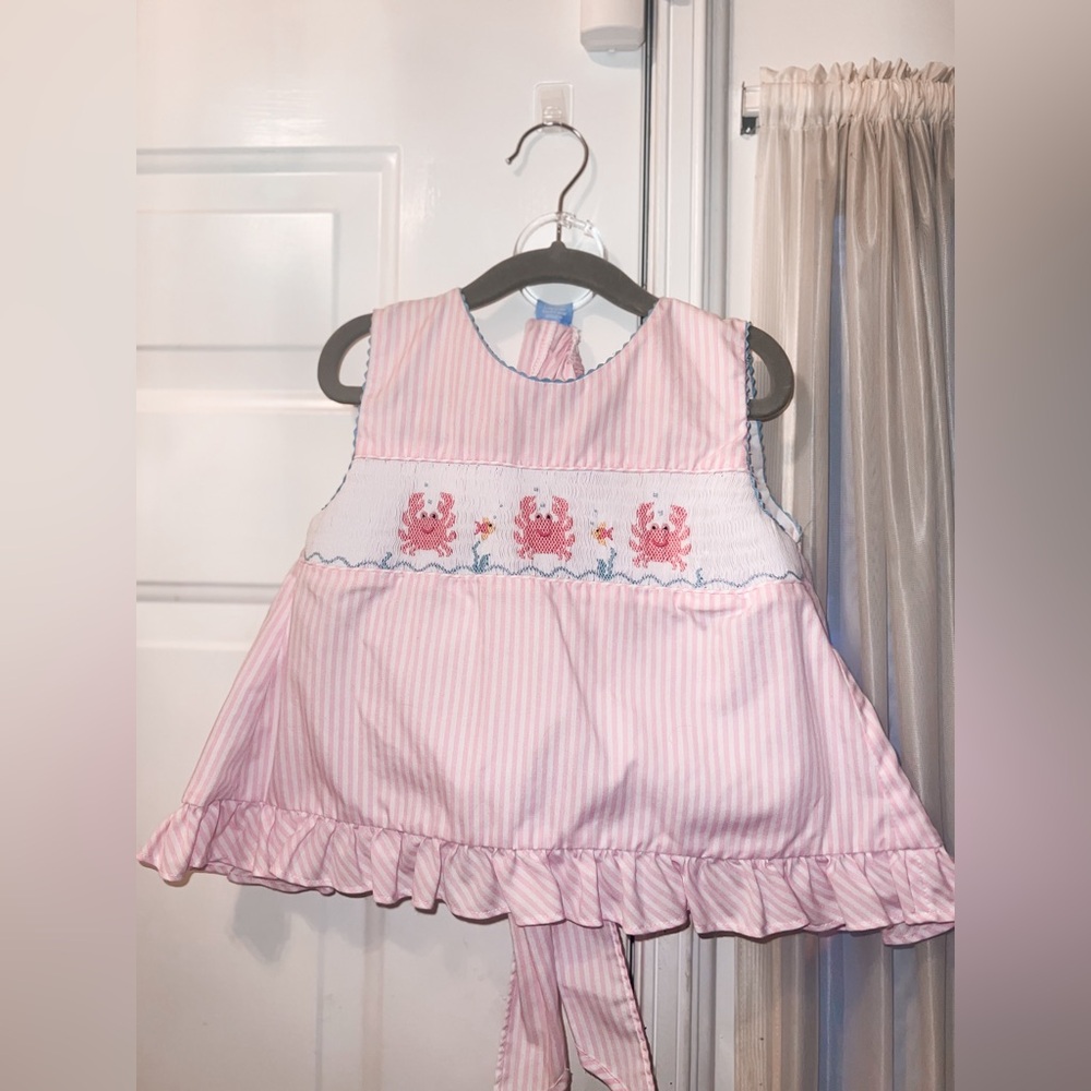Anavini Girls Pink Striped Hand Smocked Crabs Bloomers Set - 3T